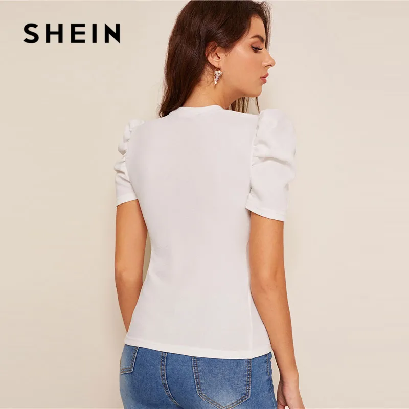 Blusas Femininas Camisas Shein Mock Neck Neck Slow Sleeve Botão Frente  Branco Blusa Senhoras Tops Verão Elegante Slim Fit Top Curto De $236,16