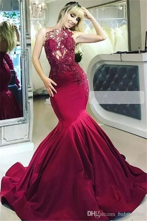 Afryki Burgundia Mermaid Prom Dresses 2019 Sheer Neck Aplikacje Otwórz Powrót Długie Wieczór Party Suknie Dubaj Arabskie Suknie Wieczorowe Elegancki