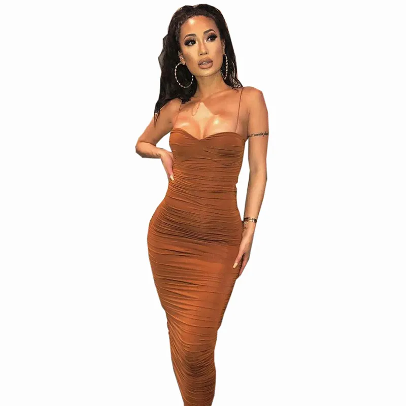 2 capas Vestido de verano Mujer plisado vestido largo Sexy Spaghetti Correas Patr n Patr n Patr n Vestido Marr n Vestidos Robe Femme