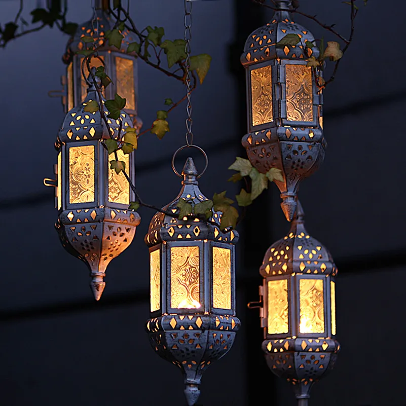 حامل شمعة الشاي ضوء فانوس المغربي ديكور المنزل خمر معدنية زجاج مجوف شنقا مطابقة فانوس كتلة شمعة Teali الصغيرة