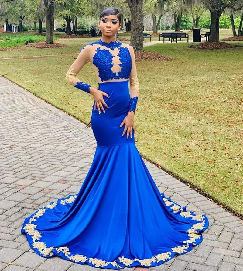 Mermaid prom jurken nieuw koningsblauwe spandex lange formele jurken met gouden appliques lange mouw prom jurken vestido de gala elegante