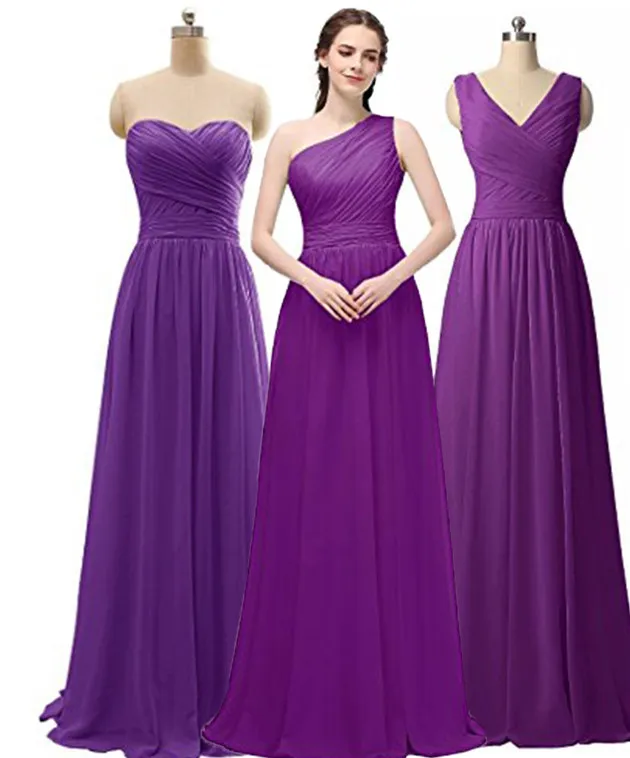 Plissado longo chiffon dama de honra vestidos zipper volta 2019 chão comprimento casamento vestido de convidado roxo azul menta azul céu azul