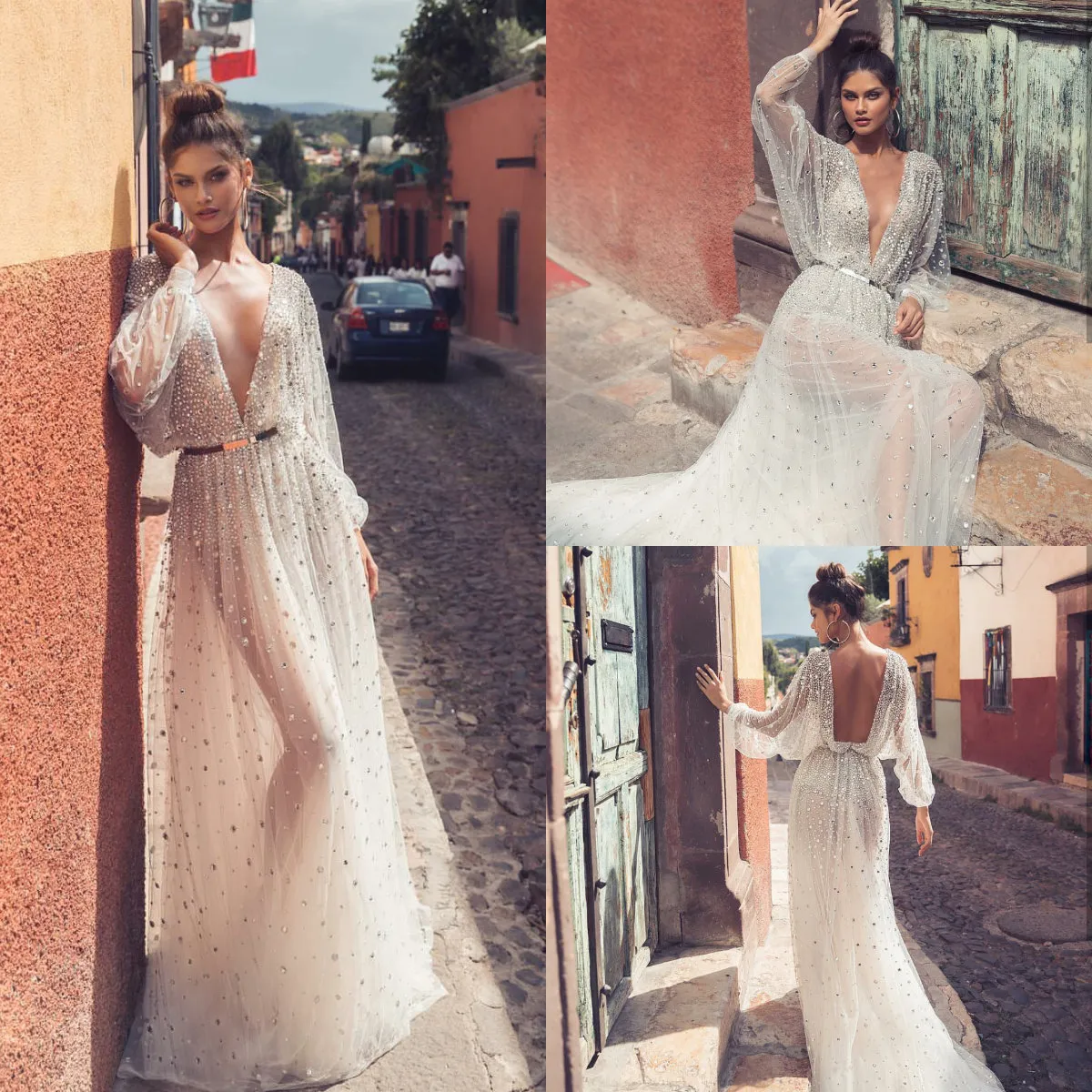 Julie Vino 2019 Robes De Mariée Sexy Sur La Plage Illusion À Manches Longues Paillettes Perles Balayage Train Robes De Mariée Dos Nu Plus La Robe De Mariage De Taille