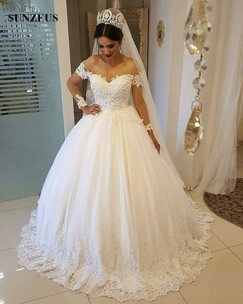 Vestido de fiesta Manga larga Perlas Con cuentas Vestidos de novia con apliques Encaje Cuello transparente Largo Tul hinchado Vestidos de novia 2019 Vestido de matrimonio para mujer