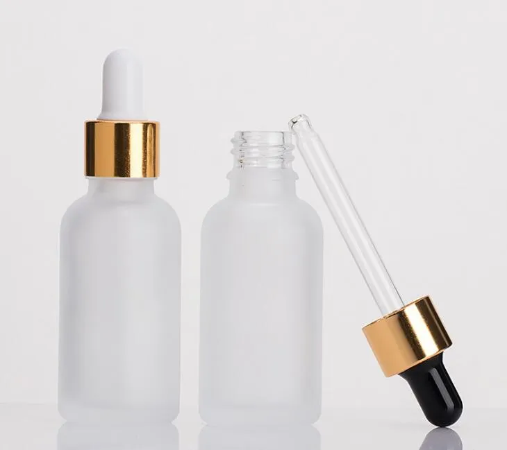 whole sale 30ml frosted glass dropper bottle  oil glass bottle with gold sliver black cap LX2049