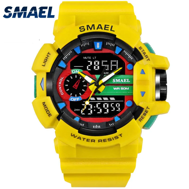 Smael Yellow Sport WatchesデュアルタイムLEDデジタルウォッチQuartzアナログデジタル1436男性の腕時計