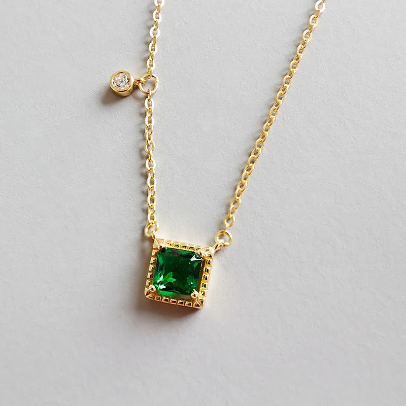 New Fashion 925 Sterling Silver Emerald Square Pendant Necklaces For Women White Zircon Charms Geometric Necklace&Pendant