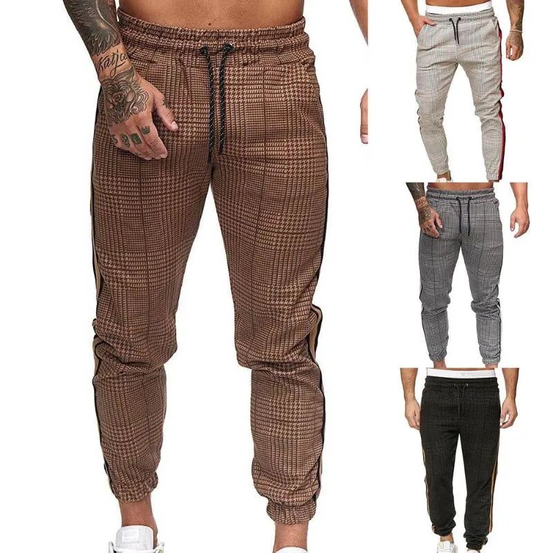 Pantalones de hombre Pantalones casuales con bolsillos a rayas a cuadros Pantalones largos con cordón Pantalones atados al tobillo Regalo de San Valentín para hombre