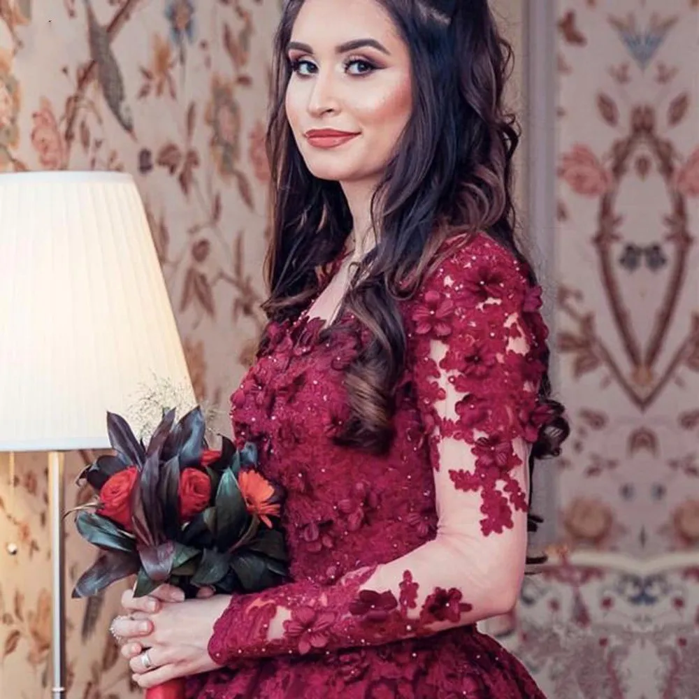 Vintage Burgundy Beaded Burgundy gown for wedding with 3D Flower Lace and Full Sleeves - Saudi Arabic Robe de Mariee 2019