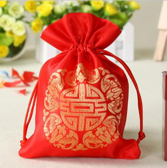 Small Chinese Silk Brocade Jewelry Pouch Drawstring Joyous Wedding Party Favor Candy Gift Bag Packaging Bags Spice Sachet GB1509
