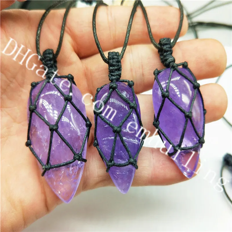 10Pcs Polished Natural Lavender Point Amethyst Crystal Stone Macrame Pendant Necklace Bohemian Hippie Amethyst Gemstone Adjustable Necklace