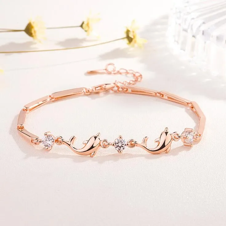 Lindo diamante golfinho pulseira nice jóias moda amor pulseira para mulheres rosa ouro prata charme pulseira famosa jóias