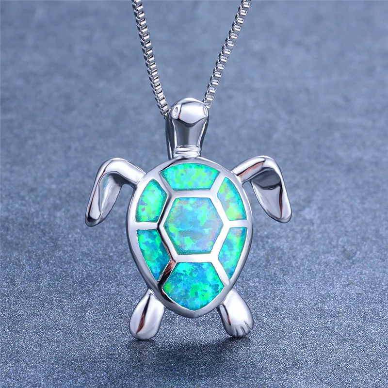 Boho Fashion Female Blue White Green Fire Opal Collana Collana in argento sterling 925 Collane con ciondoli a tartaruga grande per le donne