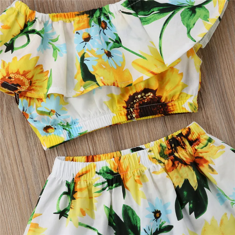 Fashionable Kid Girl Floral Off Shoulder Top Casual Suits