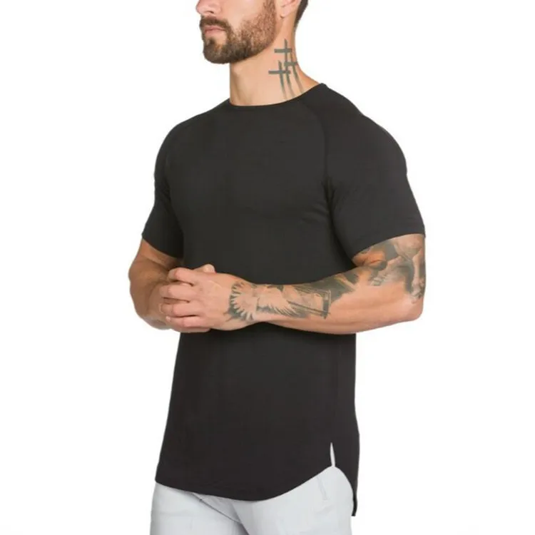 Muscleguys Long T Shirt Men Hip Hop Gyms T-Shirt Longline Long Long Tee Shirt لبناء كمال الأجسام الذكور وأسطح اللياقة البدنية Tshirt