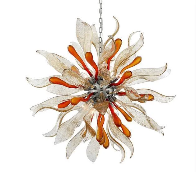 Round Flower Blown Glass Chandeliers Lamp, Colored Art Chandelier Murano for Villa Stair Office House Ceiling Decoration