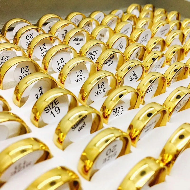 Toptan 50pcs Band Rings Golden Renk Erkekler Kadınlar Paslanmaz Çelik Takı Nişan Düğün Yüzesi Seti Yepyeni Dropshipping