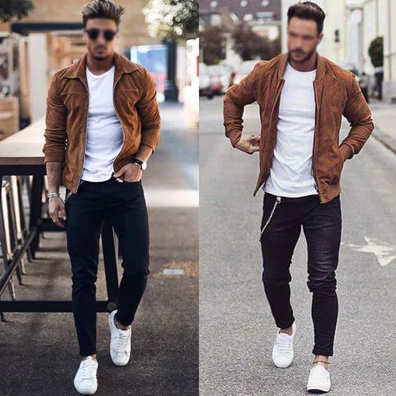 Fashion Mens Suede Leather Jacket Slim Fit Biker Motorcycle Jacket