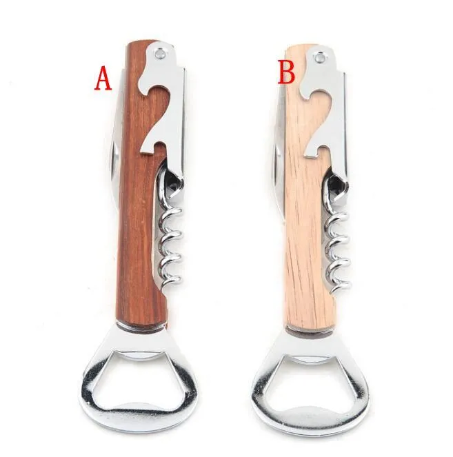 Wood Handle wine opener Stainless Steel Hand-Held Deluxe Bottle Opener Corkscrew Double Hinge Waiters Wine Bottle Opener KKA3795