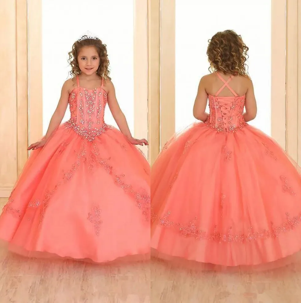 Coral Crystals Beaded Girls Pageant Klänningar 2020 Ärmlösa spets Organza Flower Girl Klänningar Korsett Back pageant klänningar för tonåringar