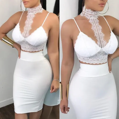 Women Ladies 2 Piece Lace Bodycon Two Piece Outfits Sleeveless Shirt Crop Tops Skinny Skirt Set Bandage Party Clothing