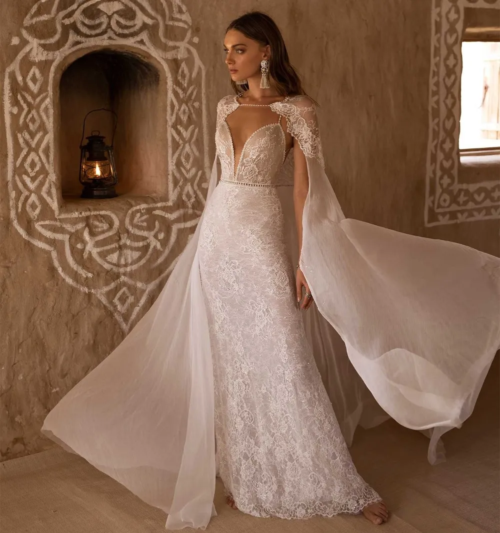 Robe De Marie Mermaid Lace Beach Wedding Dresses With Cape Deep V Neck,  Backless Beaded Trumpet Bridal Gowns Plus Size Floor Length From  Missweddingdress, $135.59 | DHgate.Com