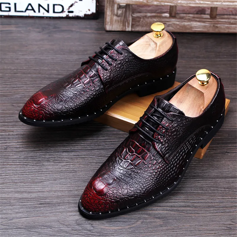 Mäns krokodilkorn äkta läder klänning skor mode man pekade Toe Casual Wedding Party Oxfords Mens Lace-Up Business Flats