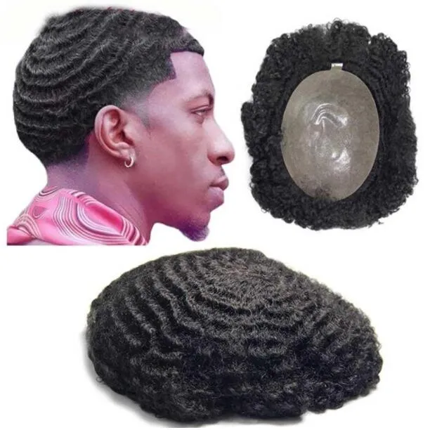 360 Wave 8mmフルレースToupee 4mm Afro Kinky CurlフルPUメンズウィッグ10Aインドのバージンの人間の髪の髪の交換黒人男性