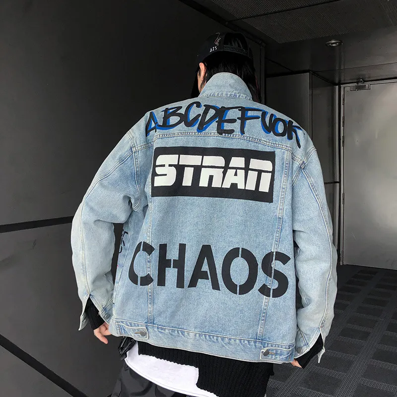 힙합 데님 재킷 큰 편지 낙서 만화 인쇄 패션 청바지 캐주얼 한국 일본 streetwear 캐주얼 빈티지 자켓 남자