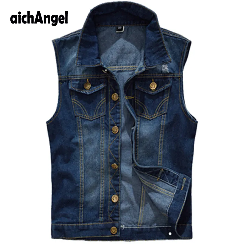 5xl denim vest herenjack mouwloze casual vest heren jean jas gescheurd slanke fit mannelijke jas