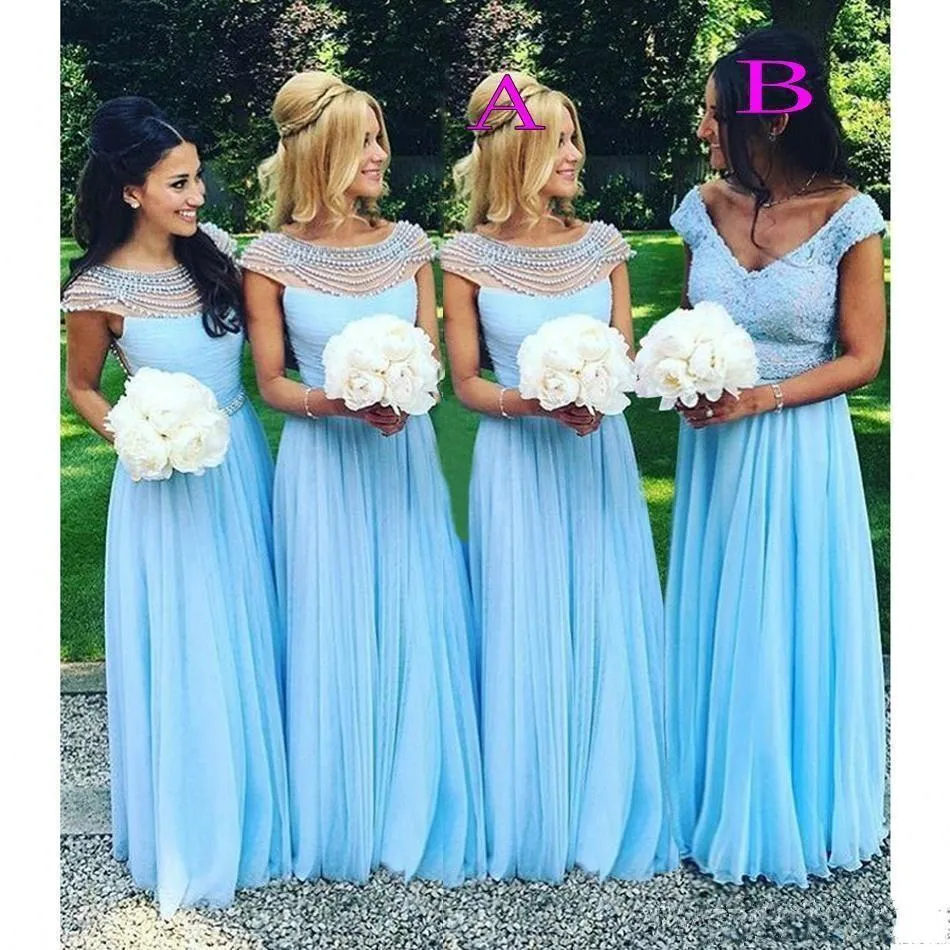 Sky 2020 Blue Bridesmaid Dresses Scoop Neck Cap Sleeves Pearls Bed Aded Chiffon Floor Length의 하녀 명예 가운 국가 웨딩 파티 웨딩
