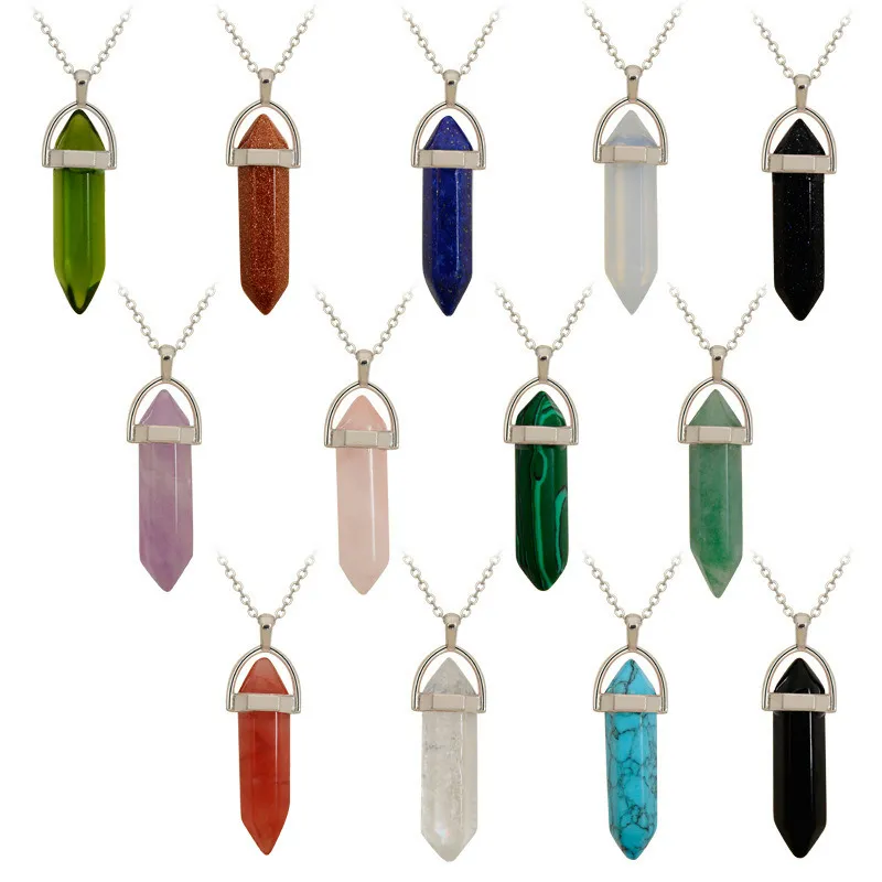 Luxury Natural stone Crystal quartz Healing Necklaces Bullet Hexagonal prism Point agate turquoise Opal Jasper Pendant For Jewelry Bulk