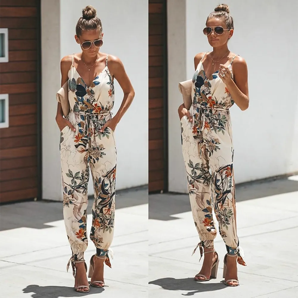 Hurtownia Koronki Powrót Skinny Kombinezon Kobiety Drukowanie Kolor Casual Loose Bez Rękawów Neck Strap Romper Pełna długość