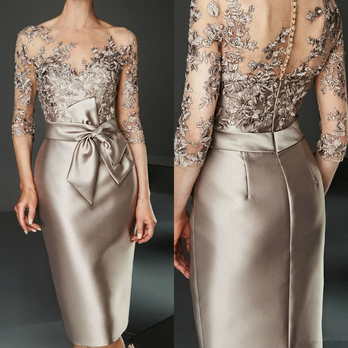 Beads Applique Short Sleeve Knee-Length Mother of the Bride Dresses Satin Formal Dress