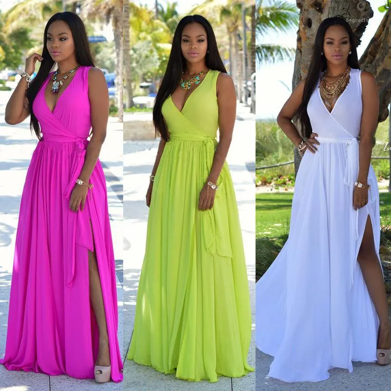 Brand New Women Summer Long Maxi BOHO Party Dress Beach Dresses Sleeveless V neck Sundress Solid Sashes Dress1