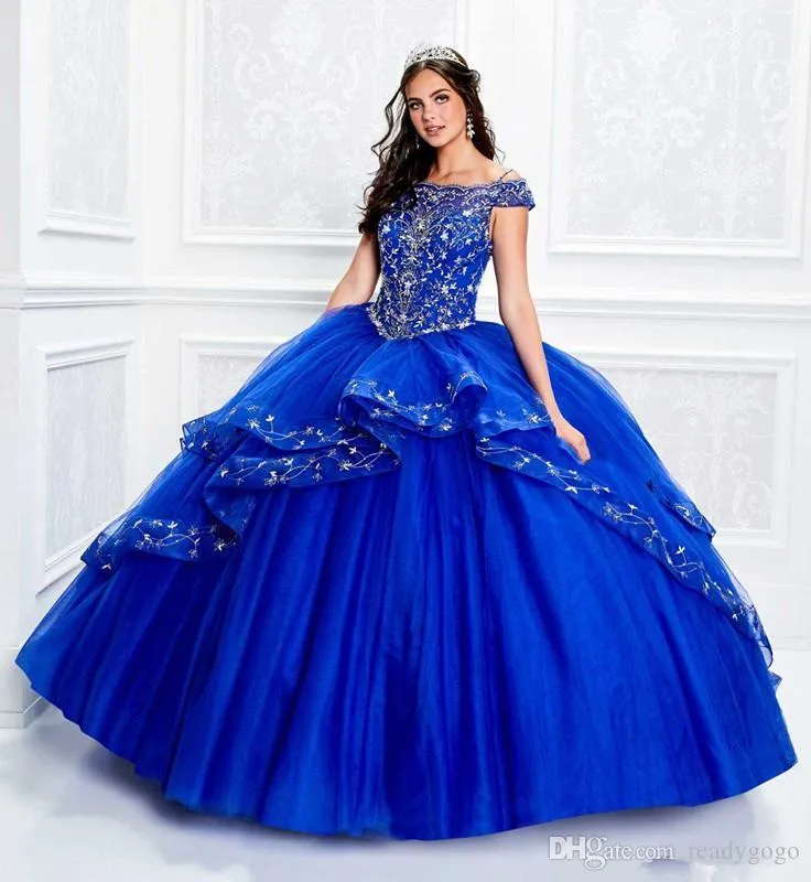 Vintage Royal Blue Quinceanera Klänningar Av Skulder Appliqued Lace Pärlor Flickor Pagant Klänning Boll Klänning Formell Sweet 16 Dresses Custom