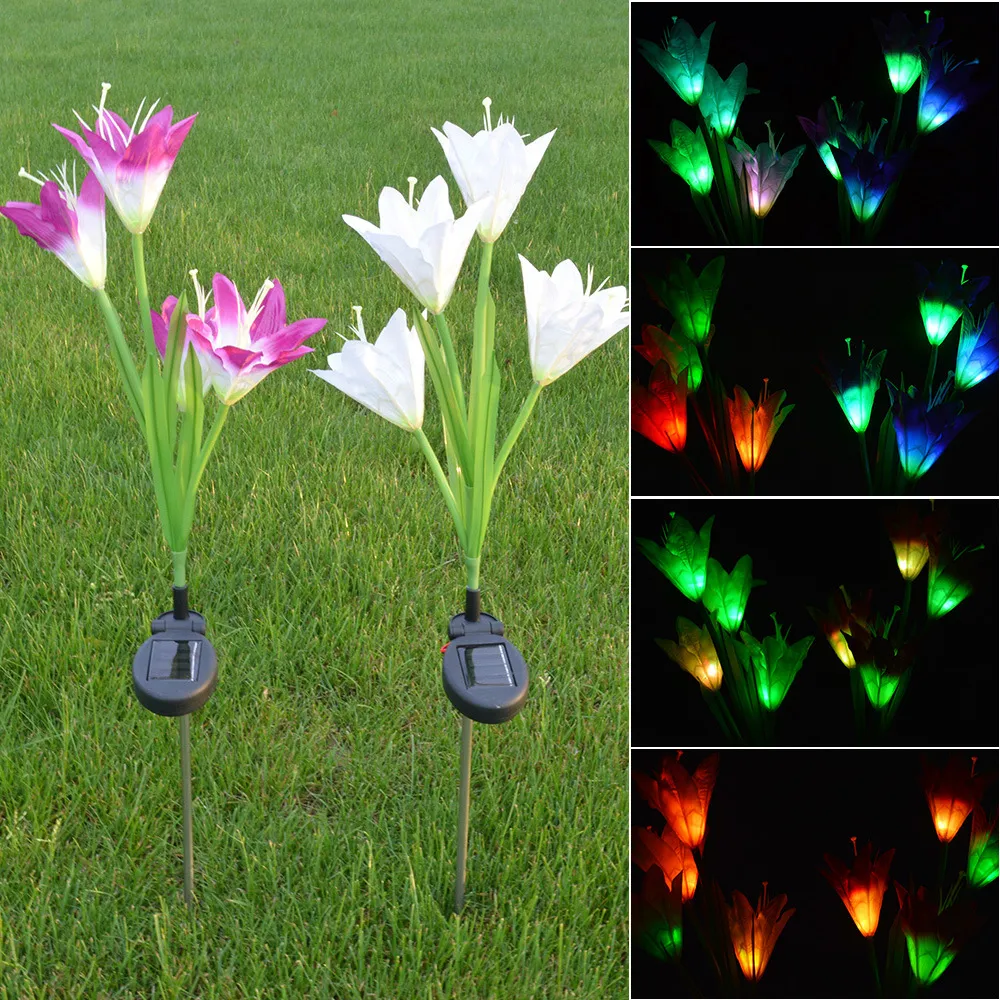Sonnenenergie-Blumen-LED-Licht-Garten-Solarlampe Yard Dekorative Rasen-Lampe Außenbeleuchtung 4 Kopf Lily Dekoration LED-Blumen-Partei-Lampe
