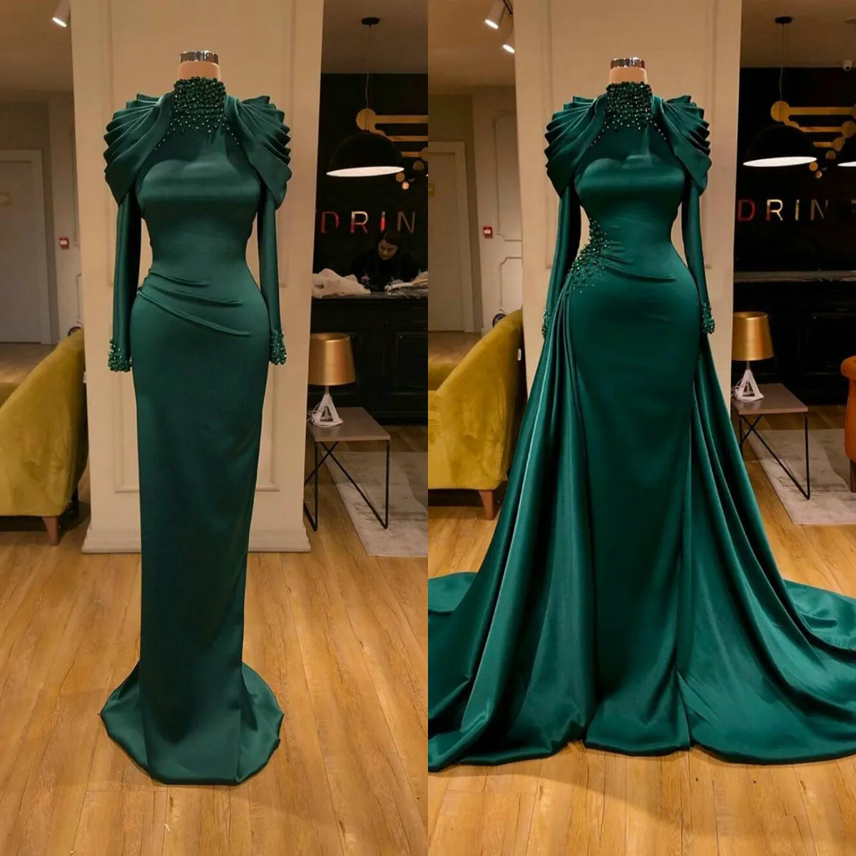 Vestidos de noite sereia elegantes com cauda removível, gola alta, mangas compridas, frisado, vestido de festa formal, ruched, feito sob encomenda, vestido de baile