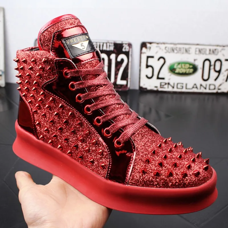 Mens High Top Leather Casual Shoes Rivet Thick Sole Loafer Boots