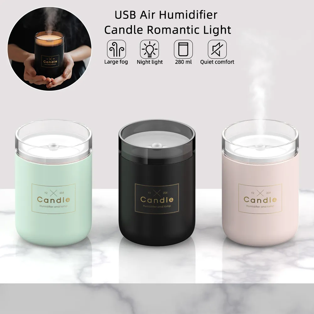 280ML Ультразвуковой увлажнитель воздуха Свеча Romantic Soft Light USB Эфирное масло Диффузор автомобилей Аромат очиститель Анион Mist Maker 1шт