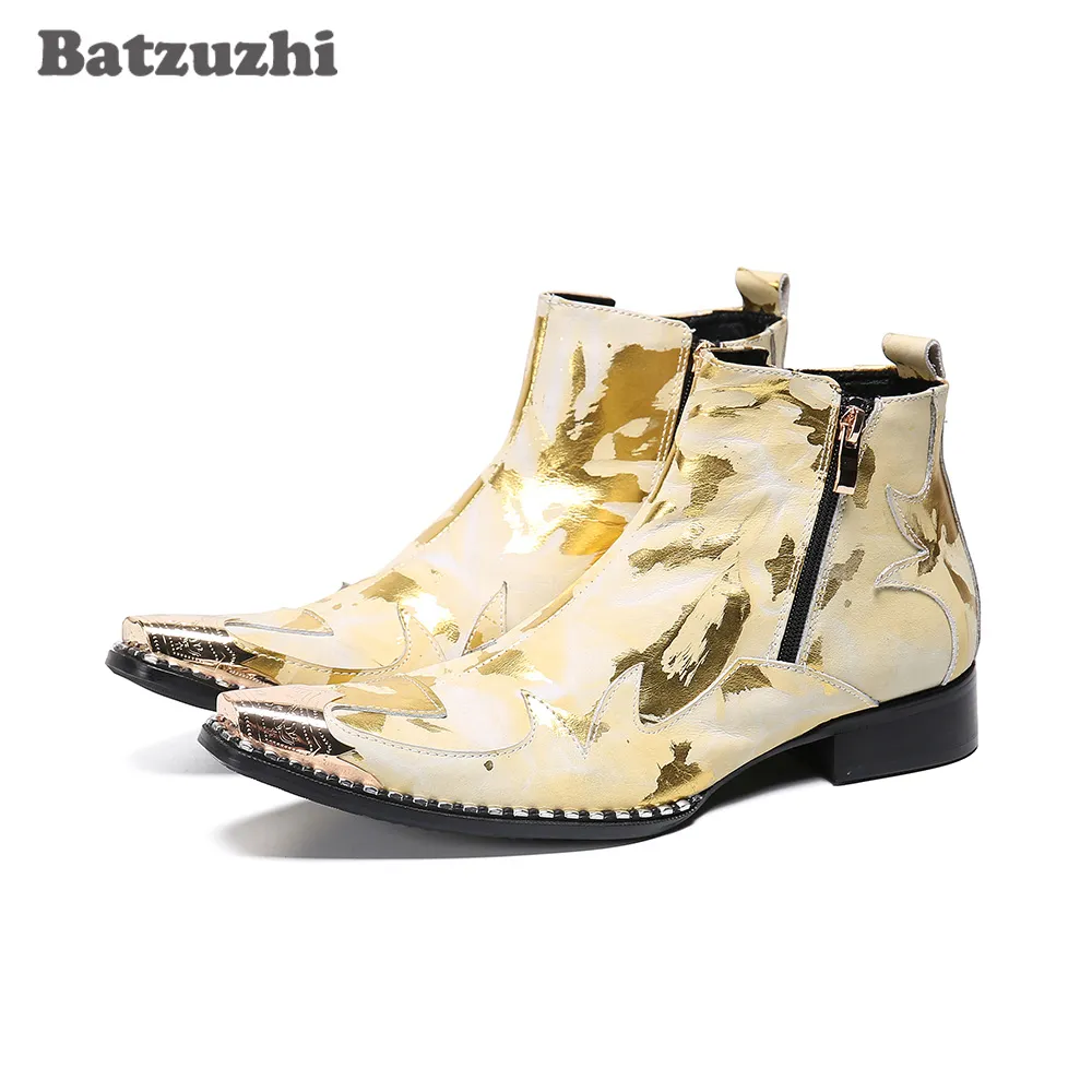 Batzuzhi Luxury Handmade Men Boots Siated Iron Toe Męskie Skórzane Buty Skórzane Gold Rock Party and Weddwear Botas Hombre