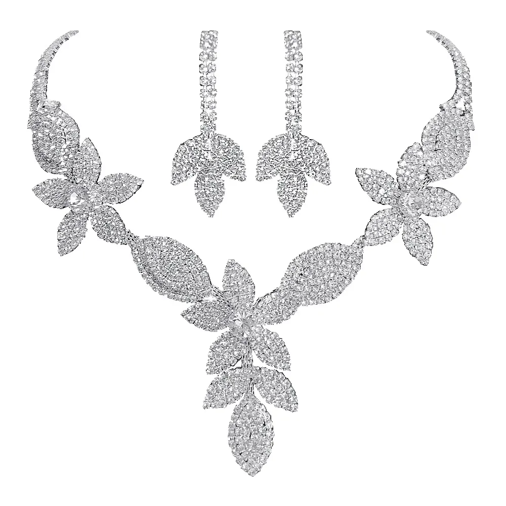 Boucles d'oreilles en feuille de haute qualité fleur de zircone cubique collier ensembles de bijoux de mariée pour les femmes élégantes bijoux aniversary set de bijoux de mariage