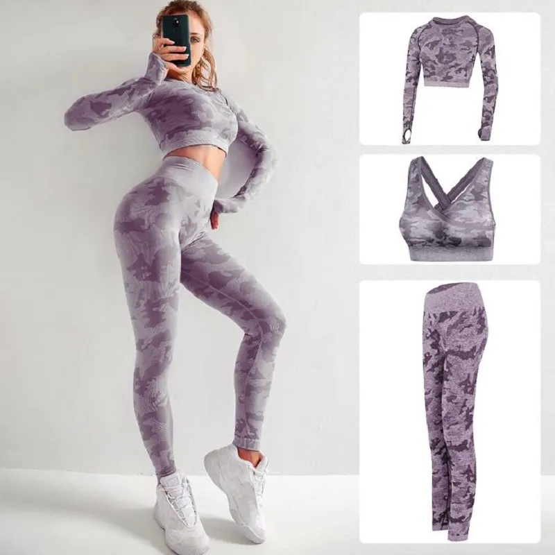 3 stks / set Yoga Set Vrouwen Naadloze Fitness Kleding Yoga Bra Sport Lange Mouwen Tops Camouflage Gym Leggings Broek Trainingskostuum