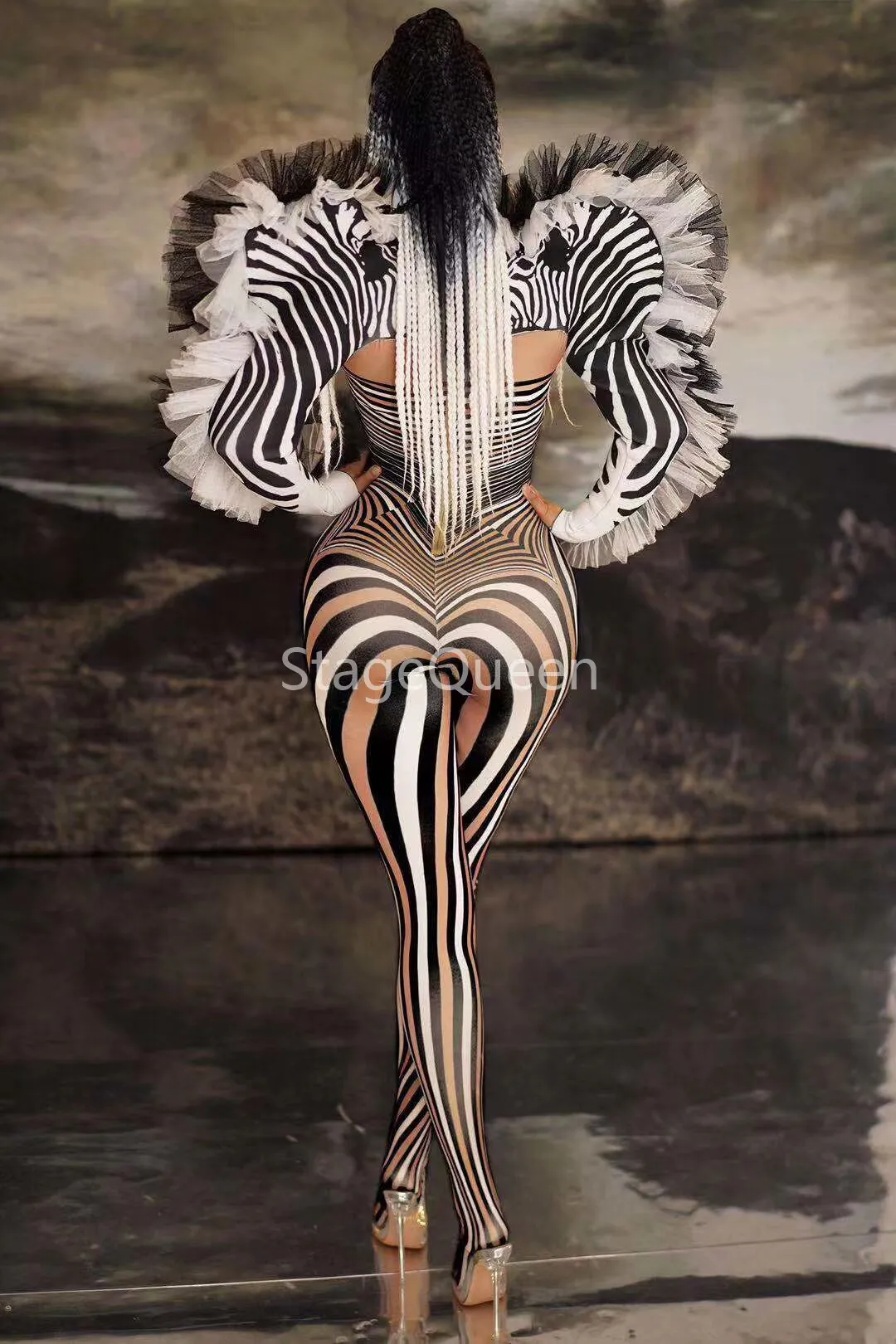 Sexy Stage Zebra Pattern Jumpsuit Women Singer Sexy Stage Outfit Bar DS Dance Cosplay Bodysuit Costume Prom Costume219b