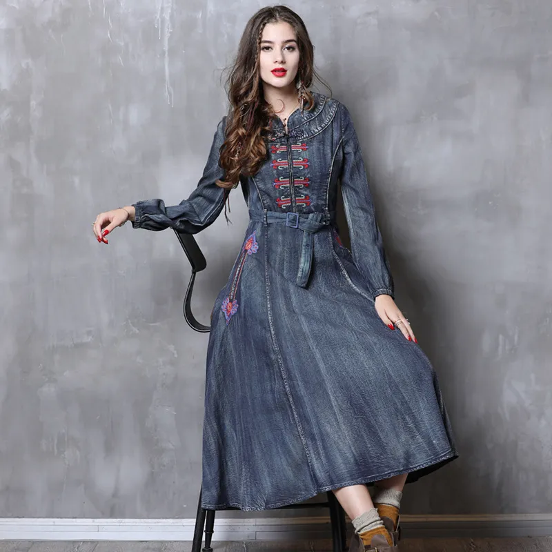 Retro Folk-custom Style Denim Dress Women Frog Button Embroidery High Waist Washed Denim Dresses Female Slim Long Dress