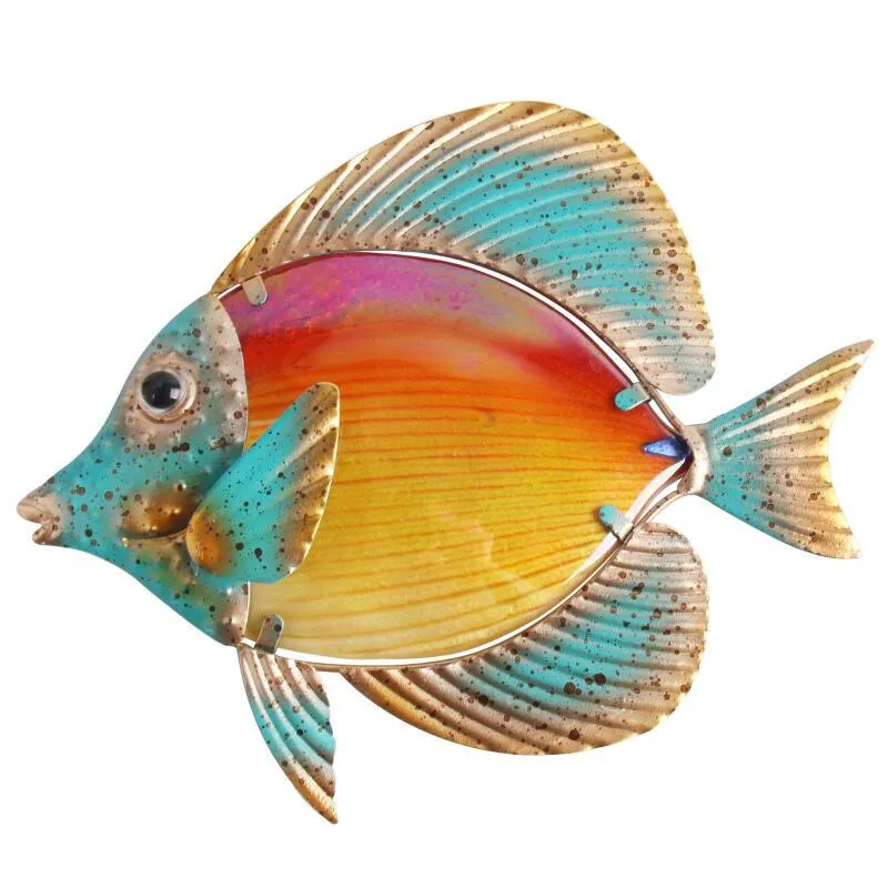 Home Metal Fish Artwork for Garden Decoration Outdoor Animal with Glass Painting Fish for Garden Statues and Sculptures T200117306L