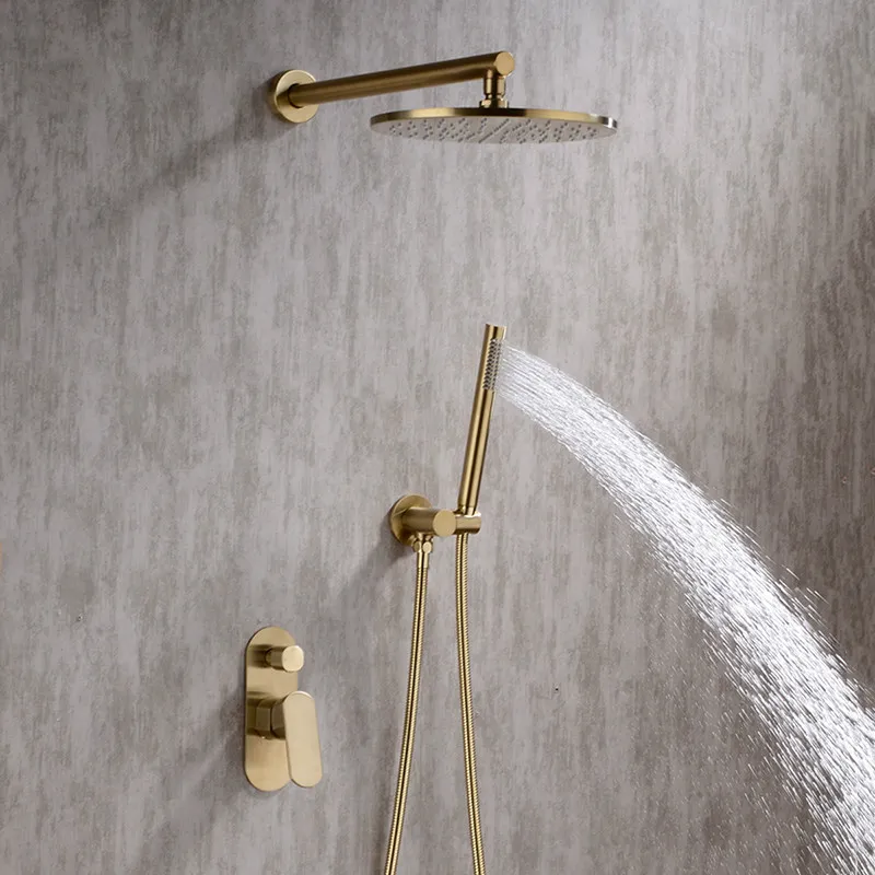 ブラッシングゴールドバスルームのシャワーセット8-10インチRianallシャワーヘッド蛇口の壁に取り付けられたシャワーアームのミキサーの大きさ