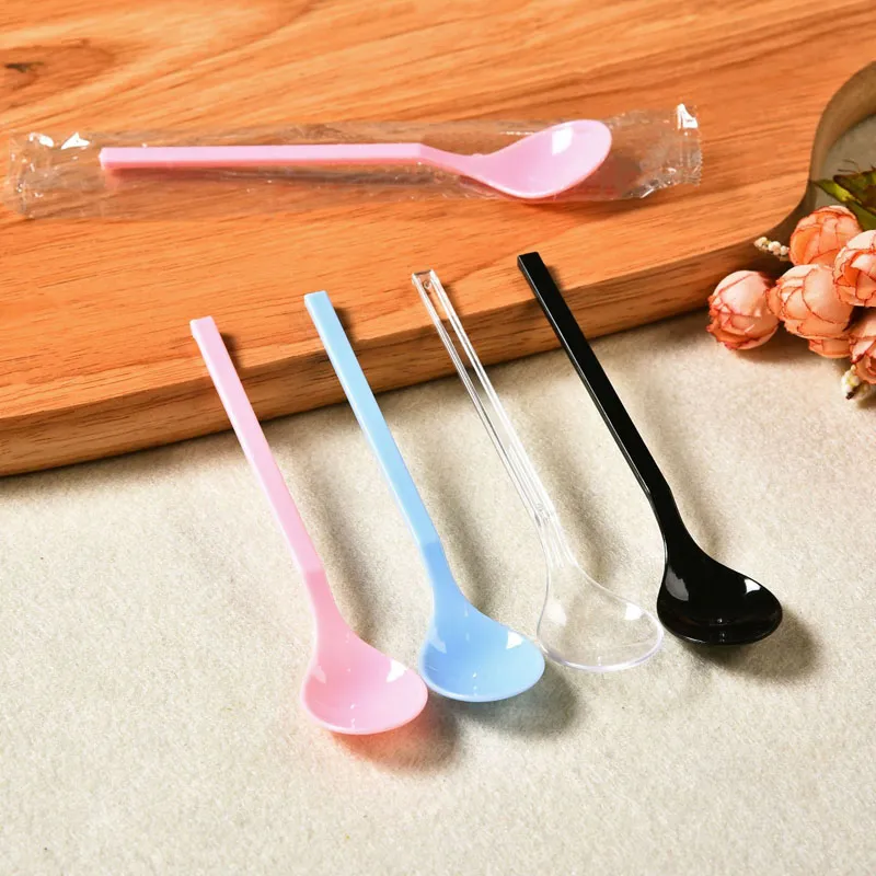 13.5x2.8cm plast disponibla skedar provsmakning efterrätt mini lång handtag omröring sked yoghurt scoop tårta glass qw9155