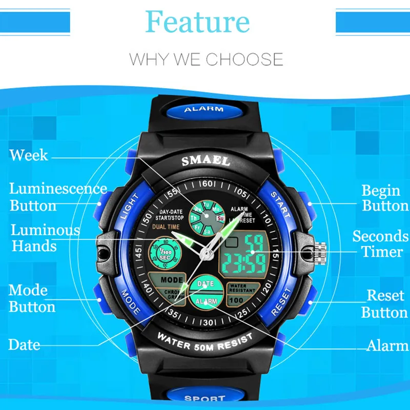 Digital Uhren Digitaluhr 50M Wasserdicht Armbanduhr Kinderuhr