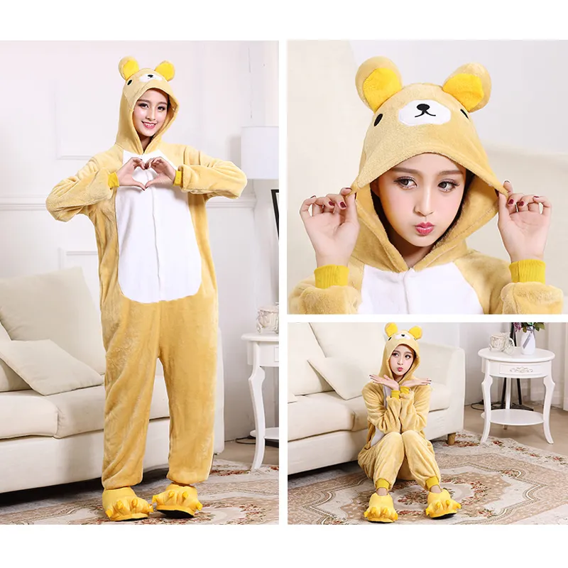 Rilakkuma Bear Onesie adultos mujeres hombres pijama Animal una pieza general grueso suave amarillo dormir mono vacaciones Festival Wear2823